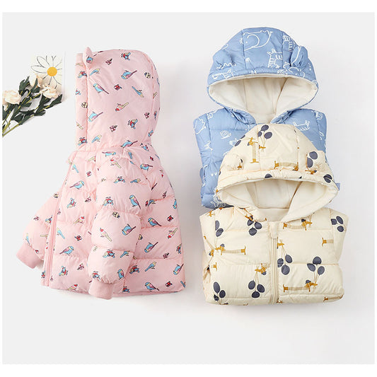 Kids Printed Puffer Jacket with Bear Ears & Fleece Lining