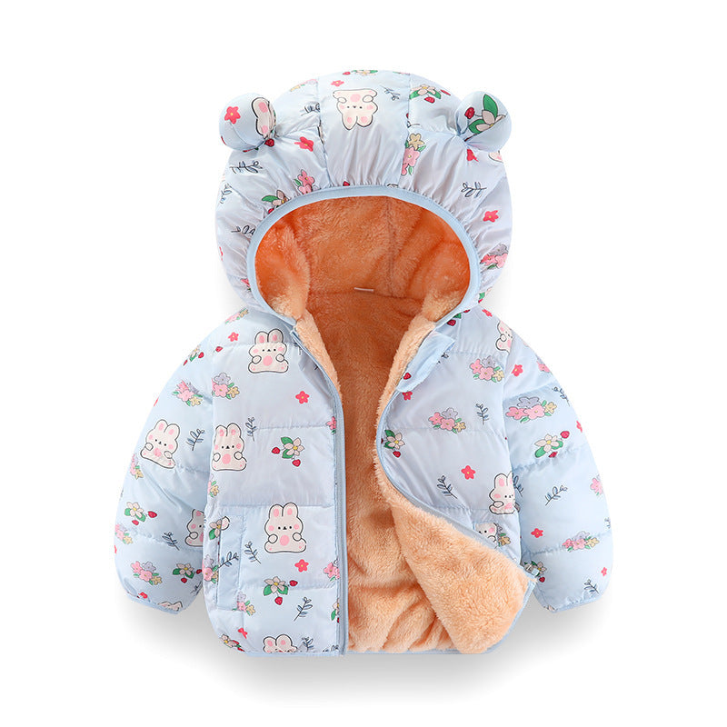 Kids Printed Puffer Jacket with Bear Ears & Plush Fleece Lining
