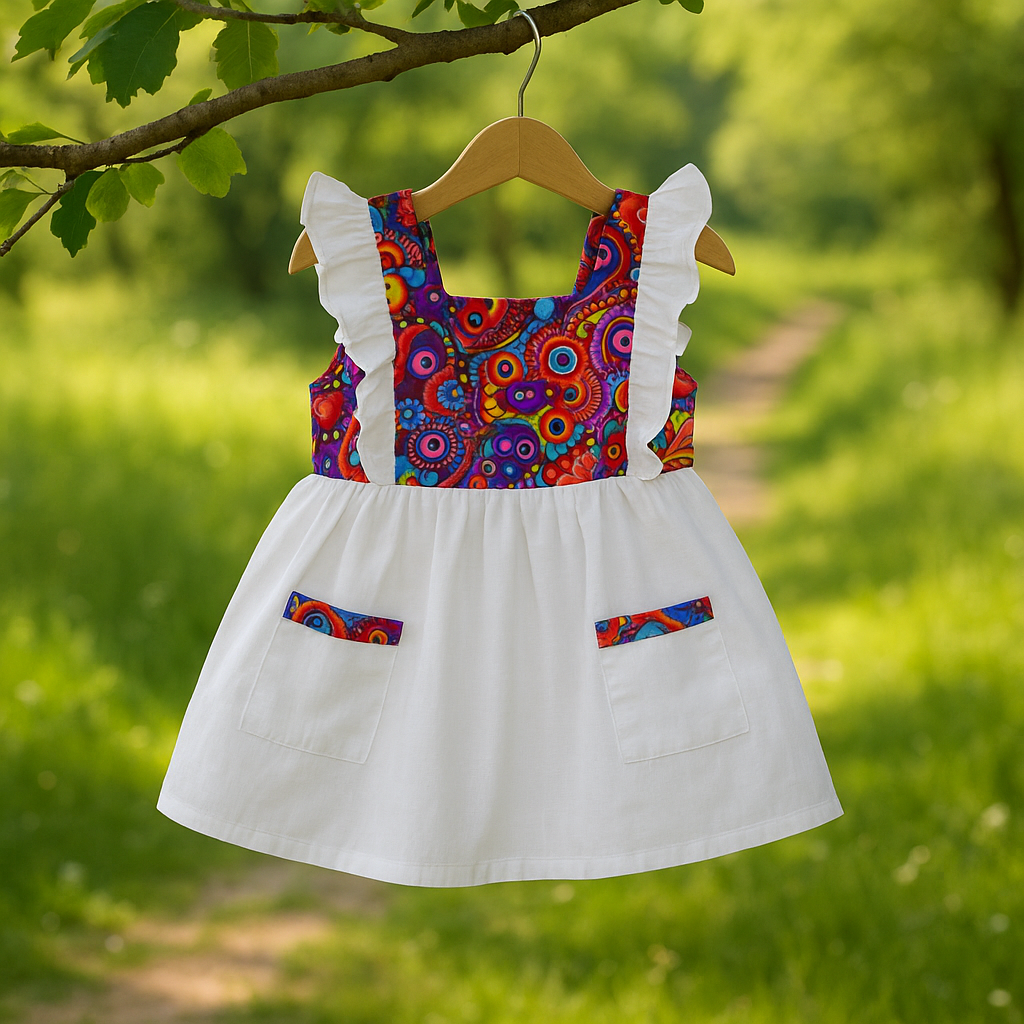 Girls Sleeveless Cotton Frock with Ruffled Straps & Colorful Yoke Design – White
