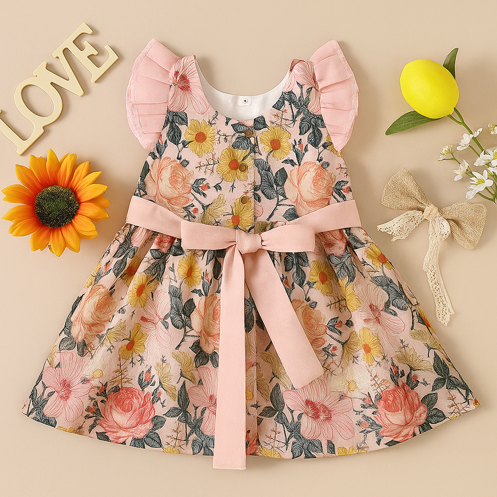Floral Ruffle Sleeve Party Dress for Girls – Elegant Fit & Flare Design with Waist Belt