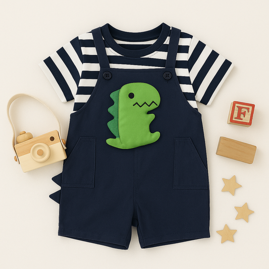 Navy Blue Dinosaur Baby Romper with Striped T-Shirt