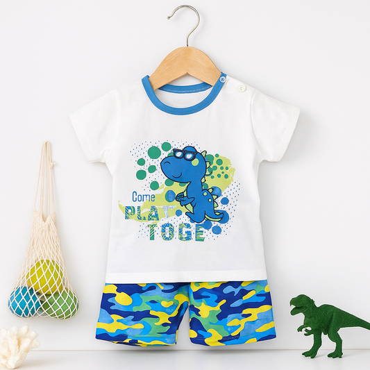 Toddler Boy Dino Graphic Tee & Camo Shorts Set – 2-Piece Summer Outfit