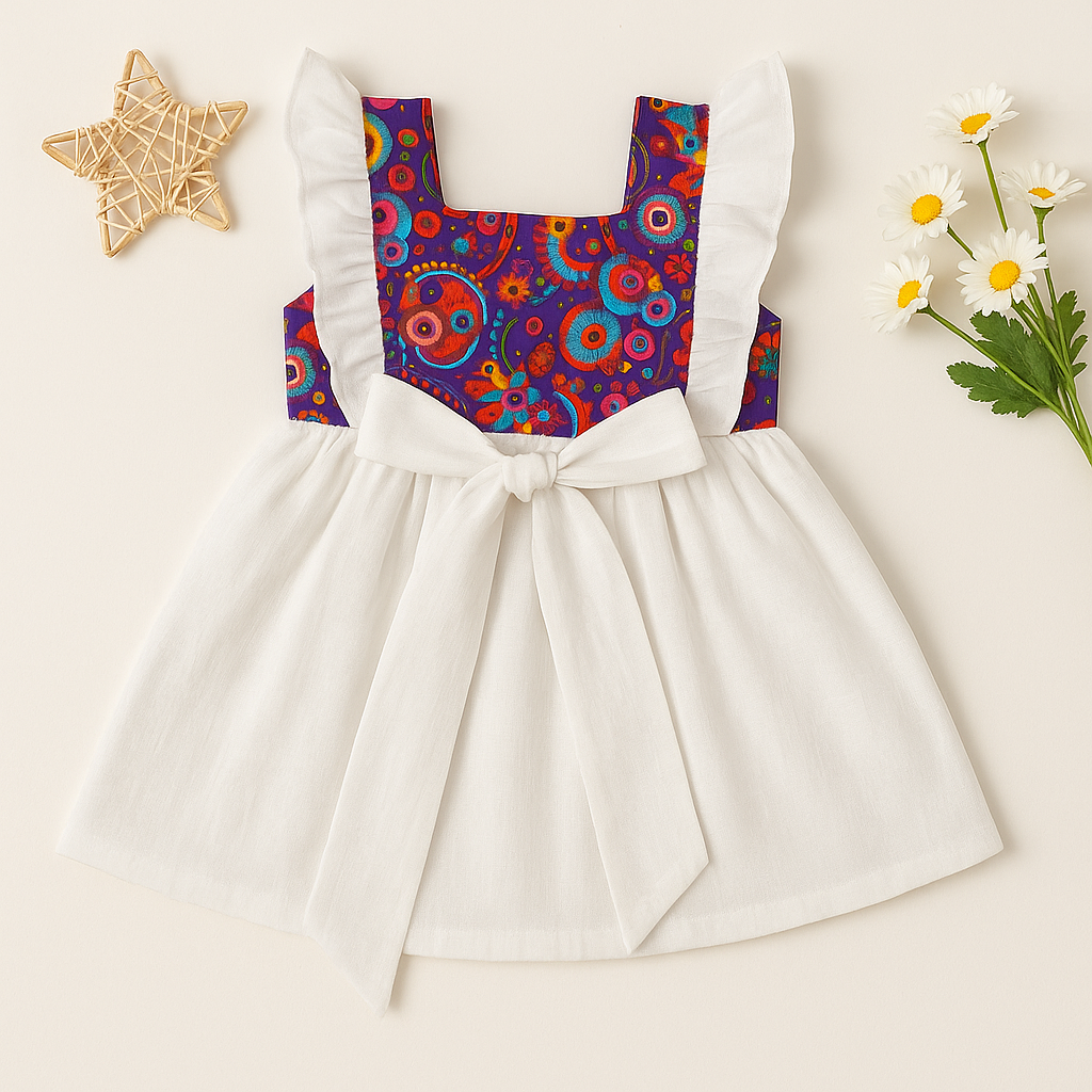 Girls Sleeveless Cotton Frock with Ruffled Straps & Colorful Yoke Design – White