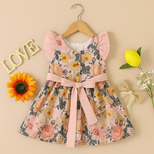 Floral Ruffle Sleeve Party Dress for Girls – Elegant Fit & Flare Design with Waist Belt