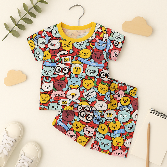 Unisex Cartoon Print Cotton T-Shirt & Shorts Set for Kids