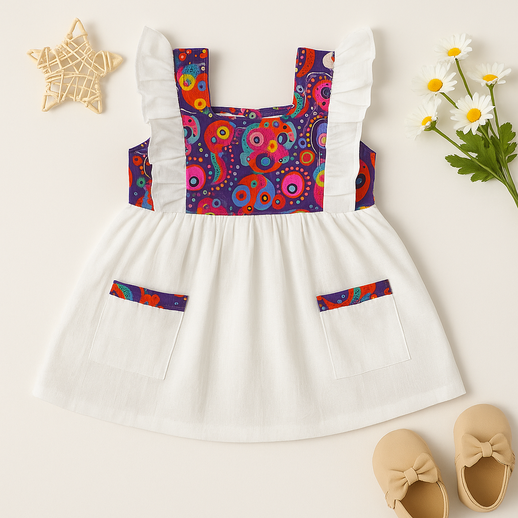 Girls Sleeveless Cotton Frock with Ruffled Straps & Colorful Yoke Design – White