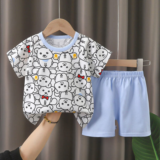 Adorable Bear Print Toddler Summer Outfit – Short Sleeve T-Shirt & Blue Shorts Set