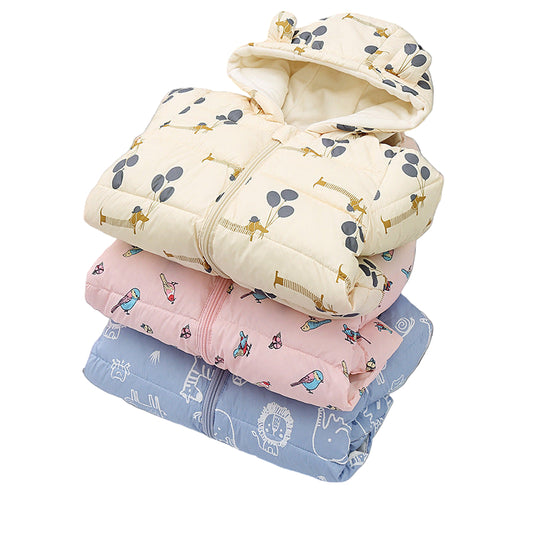 Kids Printed Puffer Jacket with Bear Ears & Fleece Lining