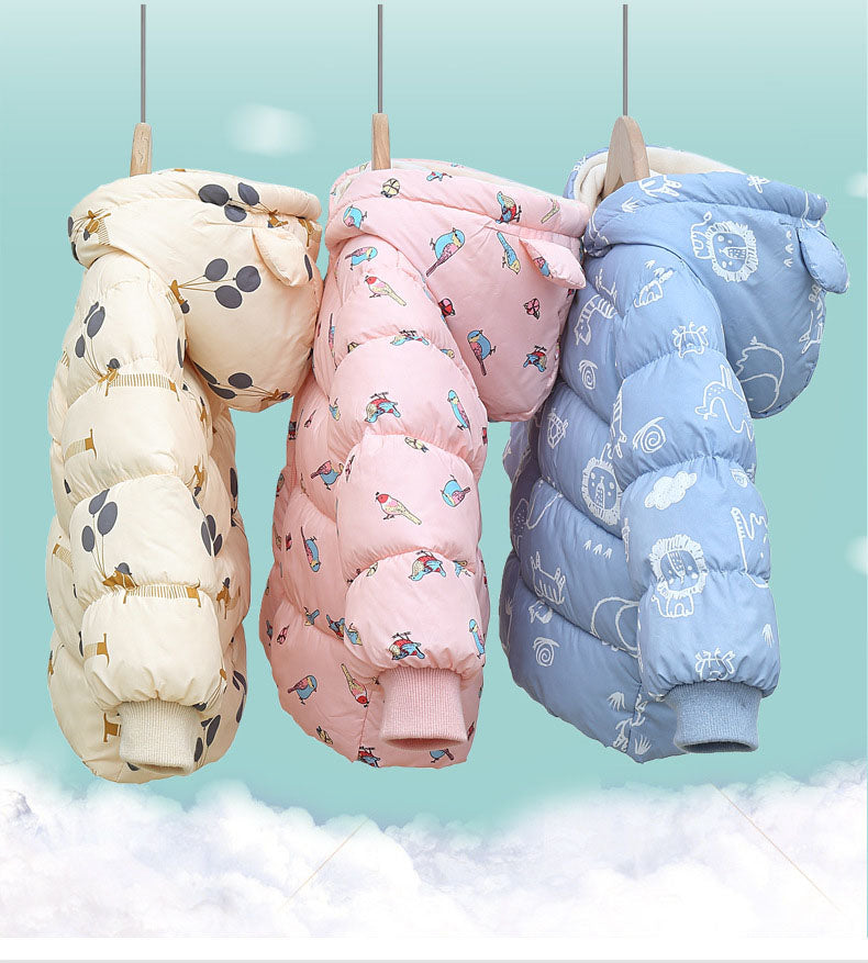 Kids Printed Puffer Jacket with Bear Ears & Fleece Lining