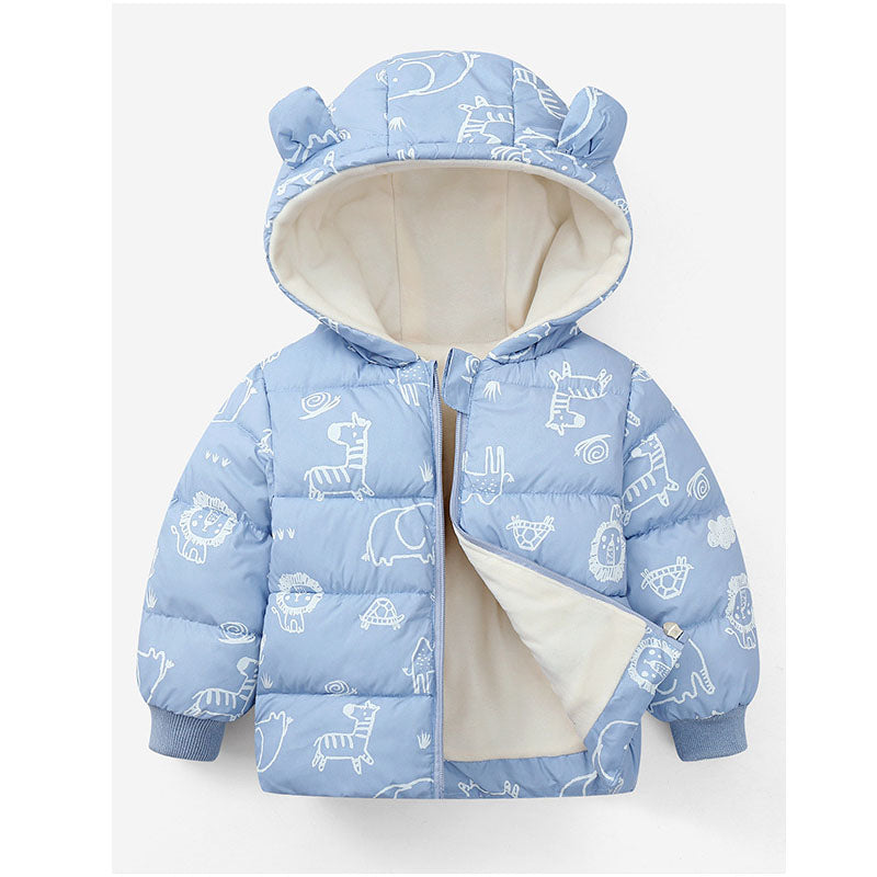 Kids Printed Puffer Jacket with Bear Ears & Fleece Lining