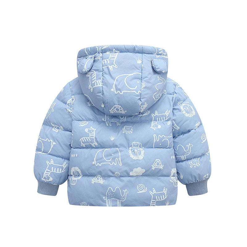 Kids Printed Puffer Jacket with Bear Ears & Fleece Lining