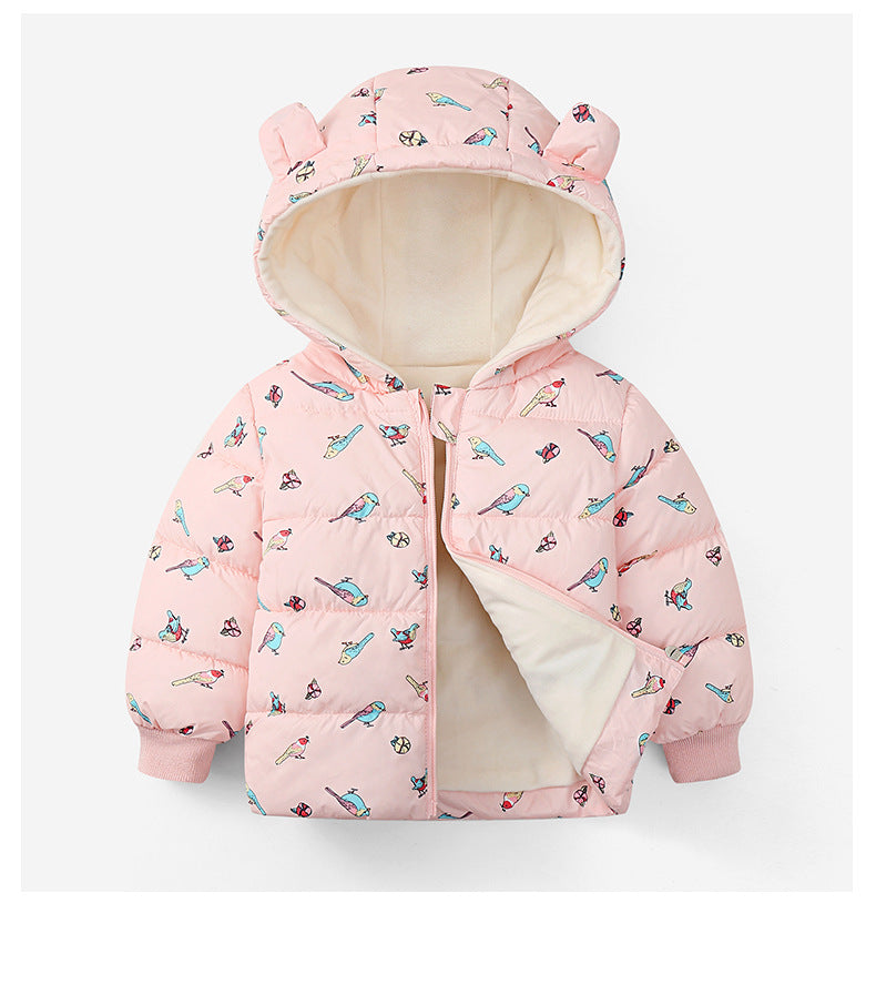 Kids Printed Puffer Jacket with Bear Ears & Fleece Lining