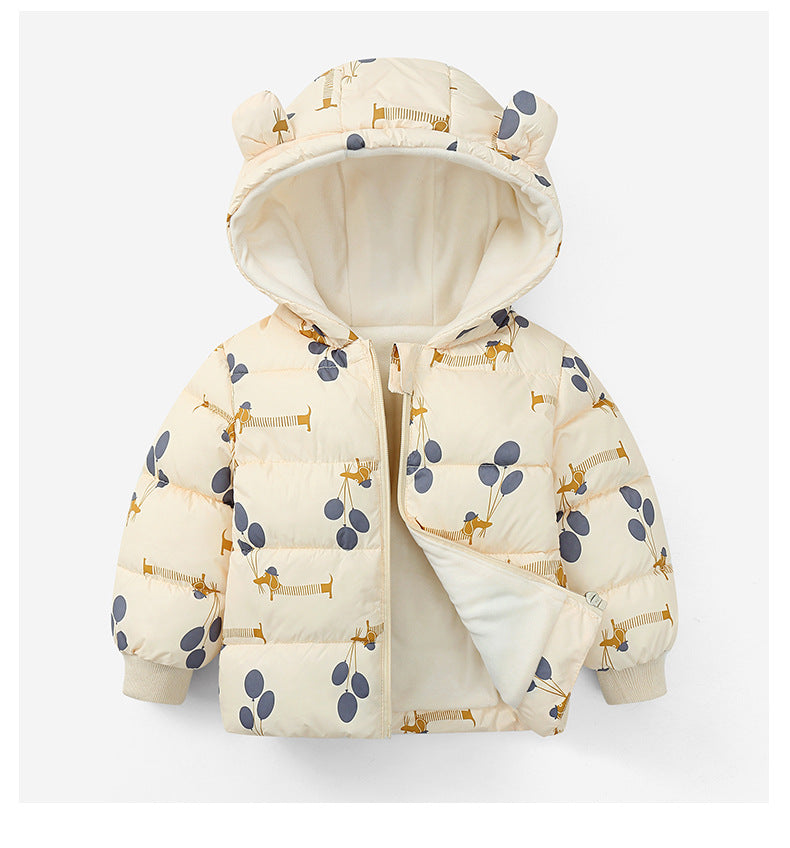 Kids Printed Puffer Jacket with Bear Ears & Fleece Lining