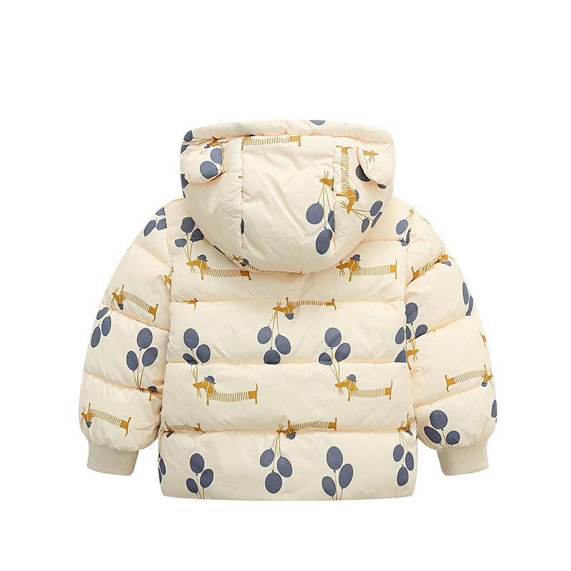Kids Printed Puffer Jacket with Bear Ears & Fleece Lining