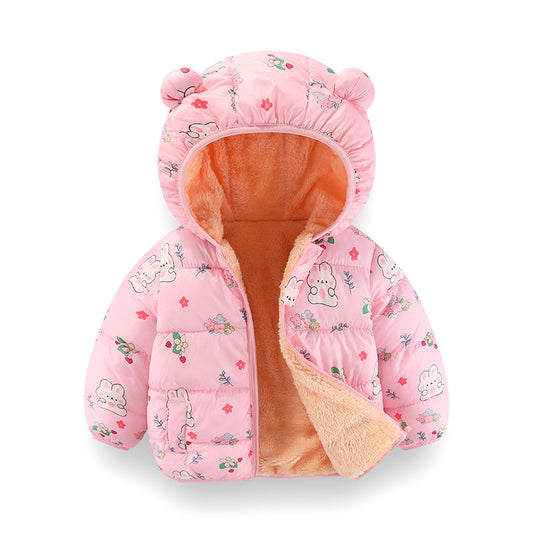 Kids Printed Puffer Jacket with Bear Ears & Plush Fleece Lining