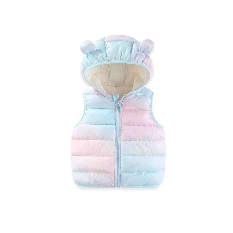 Kids Rainbow Gradient Puffer Vest with Bear Ears
