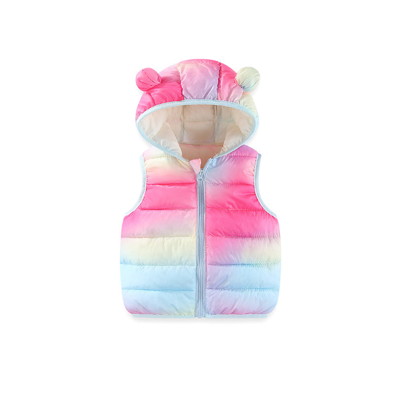 Kids Rainbow Gradient Puffer Vest with Bear Ears