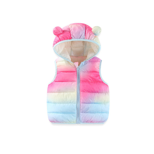 Kids Rainbow Gradient Puffer Vest with Bear Ears