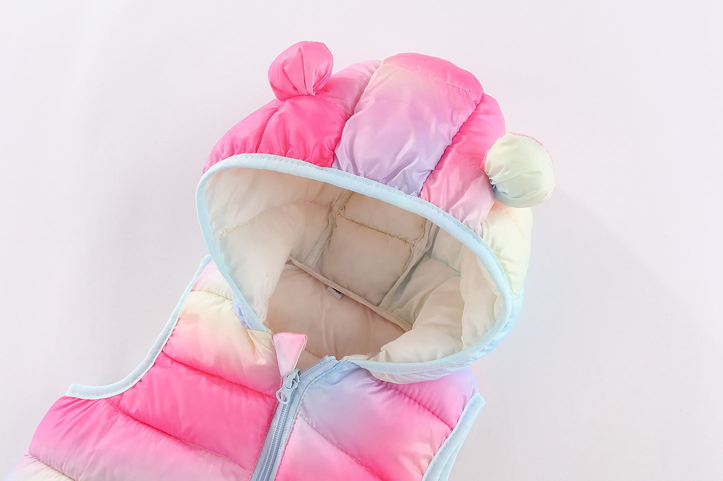 Kids Rainbow Gradient Puffer Vest with Bear Ears