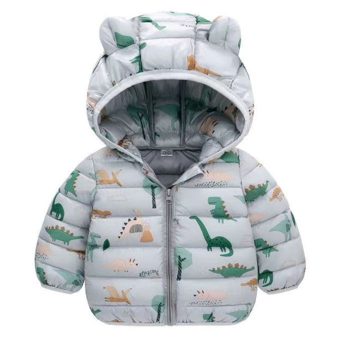 Kids Dinosaur Print Puffer Jacket with Bear Ears