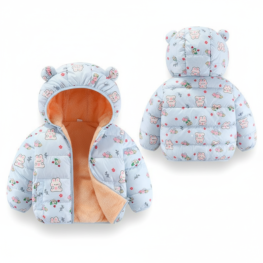 Sky Blue Bunny Print Puffer Jacket