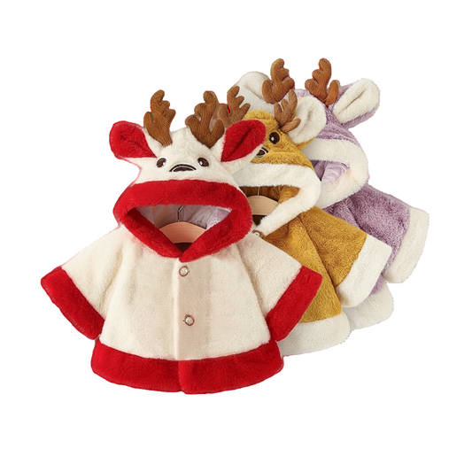 Three children's reindeer capes in red, yellow, and purple arranged in a line